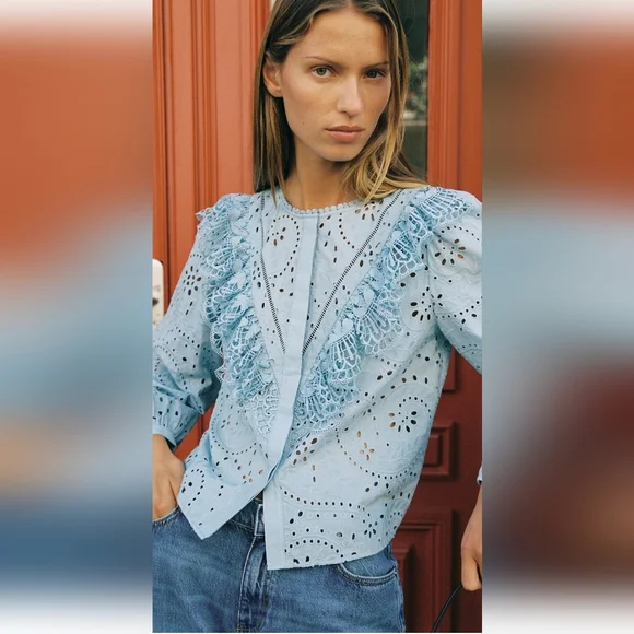 Zara PERFORATED EMBROIDERY SHIRT(S) - Picture 4 of 8